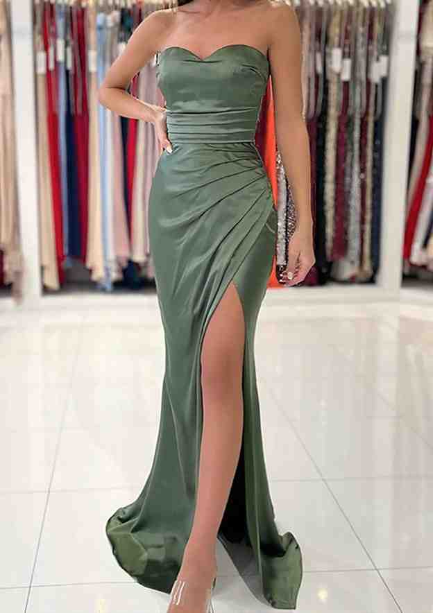 Long/Floor-Length Sheath/Column Sweetheart Charmeuse Prom Dress/Evening Dress With Pleated Split - Fashionpara