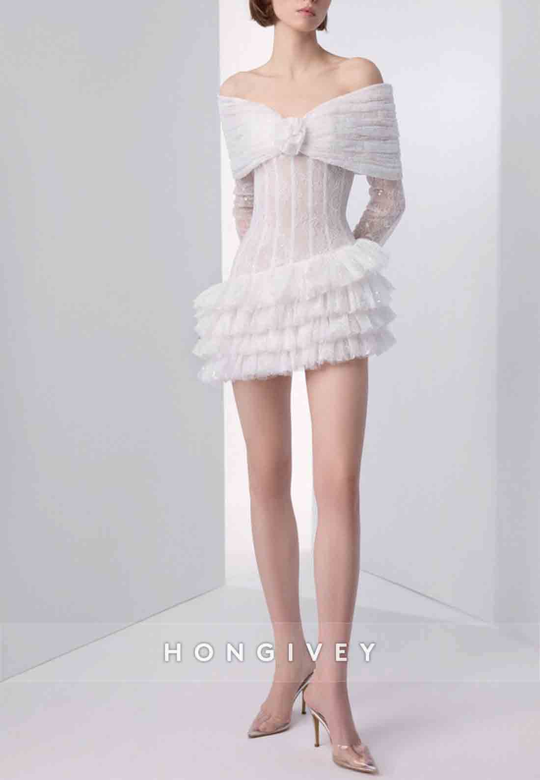 Off the Shoulder Ruffles V Back Long Sleeves Lace Mini Wedding Dresses