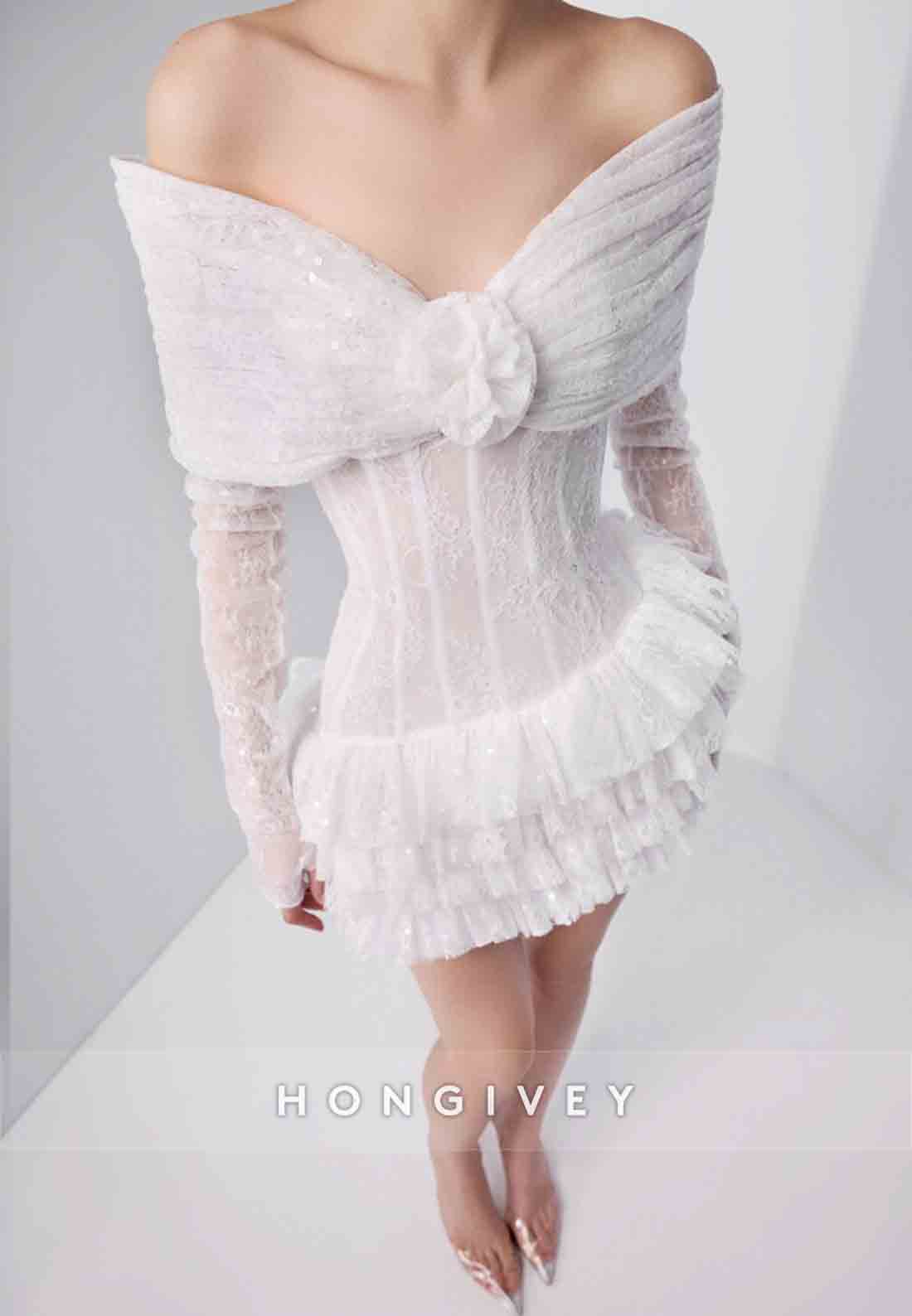 Off the Shoulder Ruffles V Back Long Sleeves Lace Mini Wedding Dresses