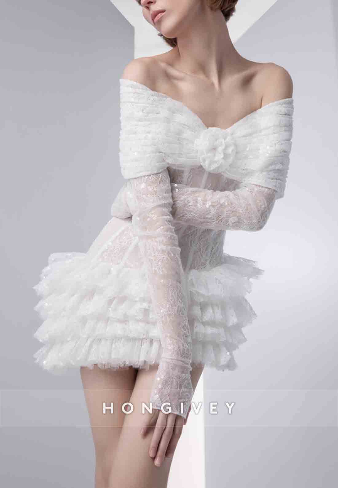 Off the Shoulder Ruffles V Back Long Sleeves Lace Mini Wedding Dresses