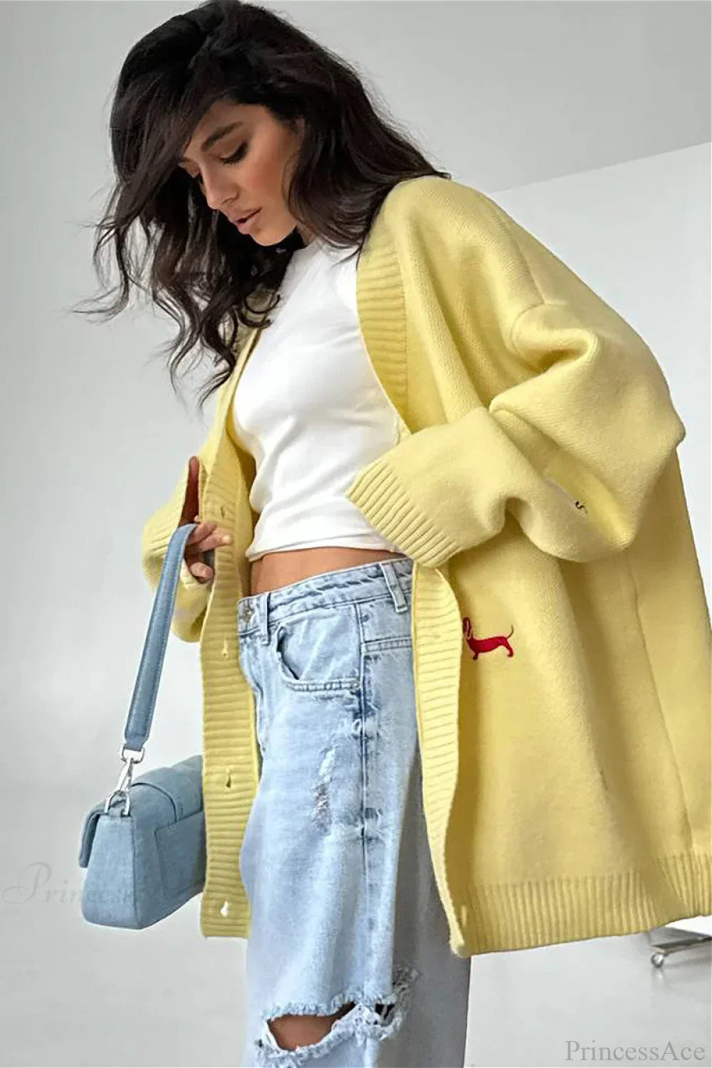 Loose Dachshund Embroidery Knit Button Cardigan 2
