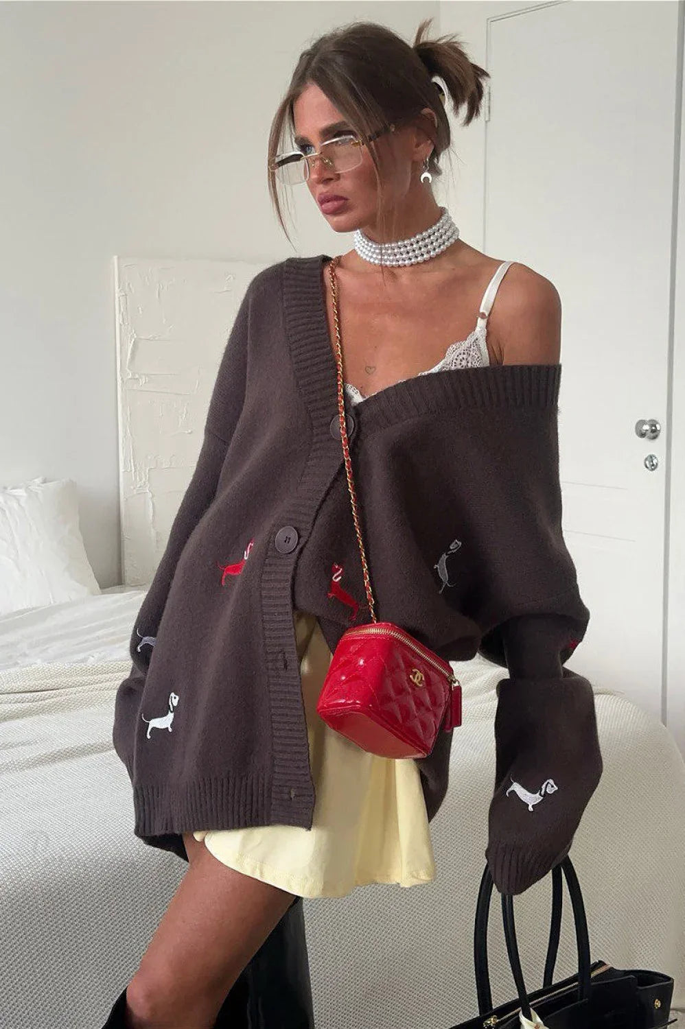 Loose Dachshund Embroidery Knit Button Cardigan 7