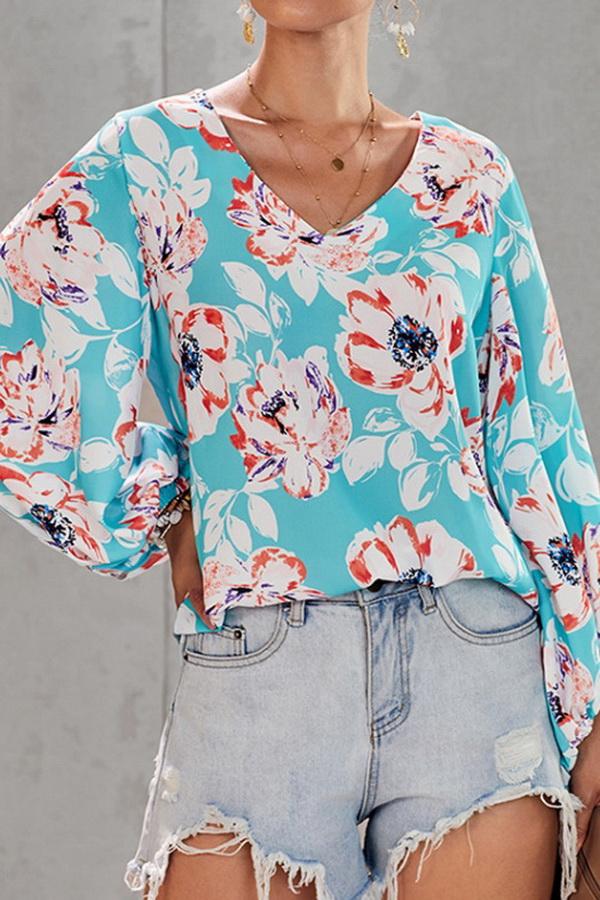 Loose Printed V-neck Lantern Sleeve Top