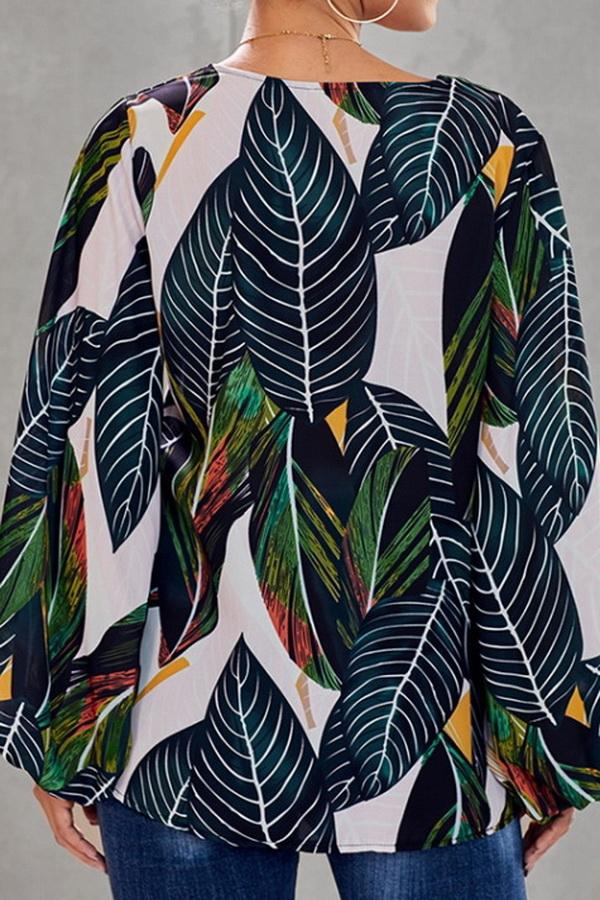 Loose Printed V-neck Lantern Sleeve Top