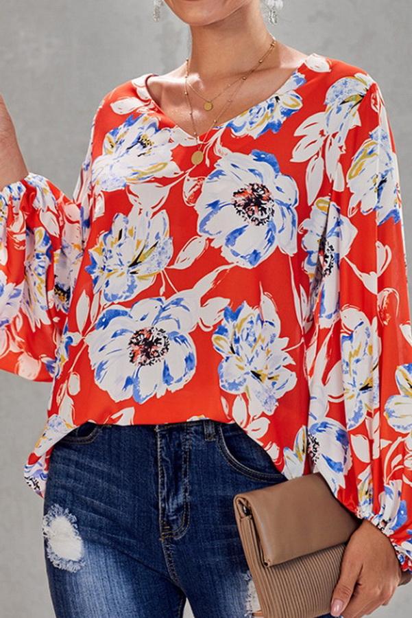 Loose Printed V-neck Lantern Sleeve Top