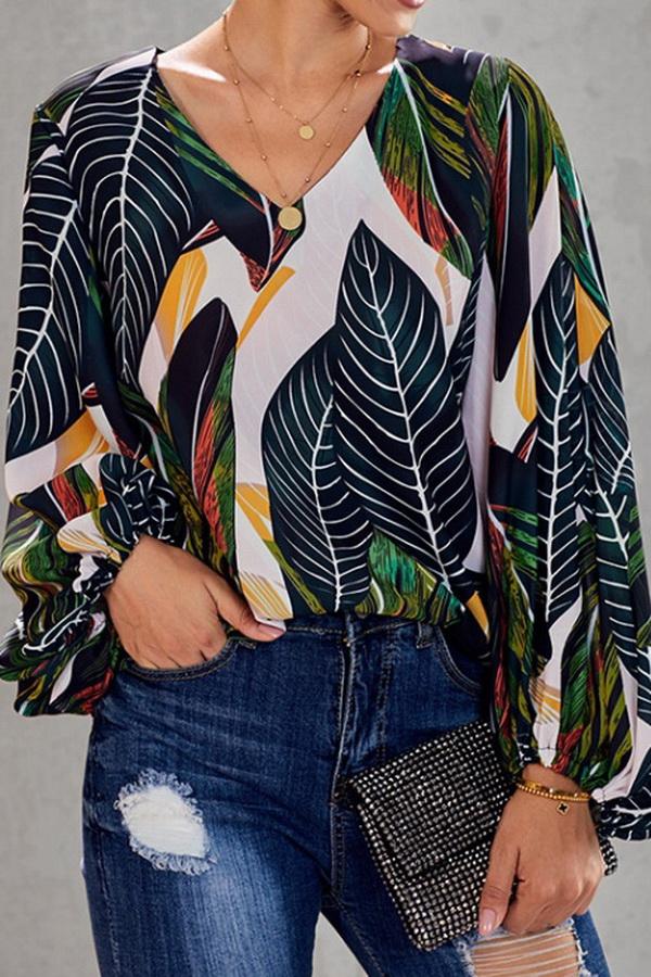 Loose Printed V-neck Lantern Sleeve Top