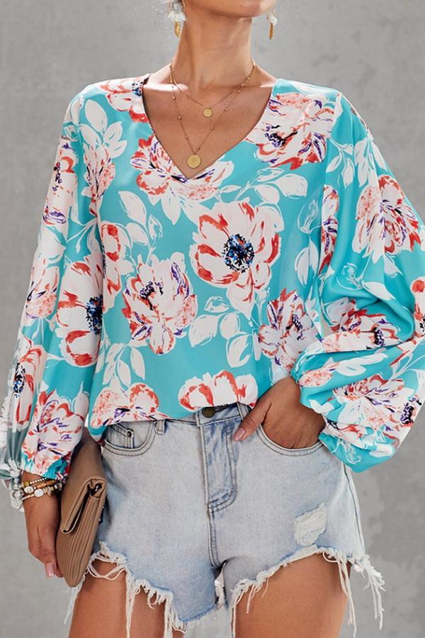 Loose Printed V-neck Lantern Sleeve Top