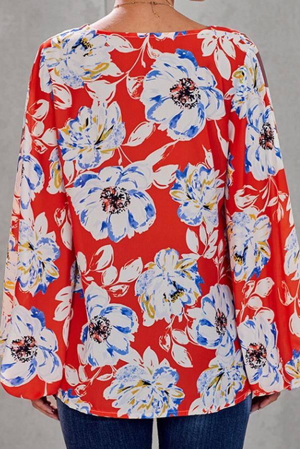 Loose Printed V-neck Lantern Sleeve Top