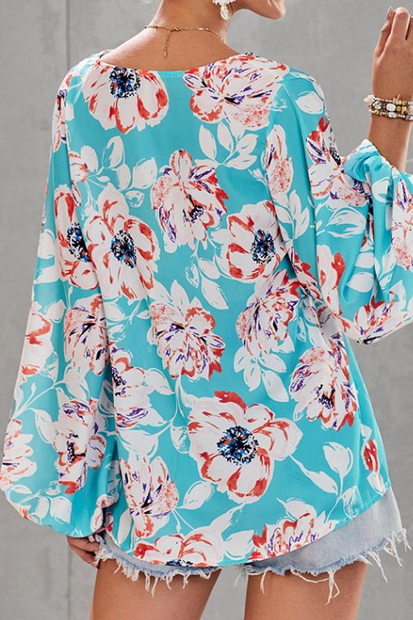 Loose Printed V-neck Lantern Sleeve Top