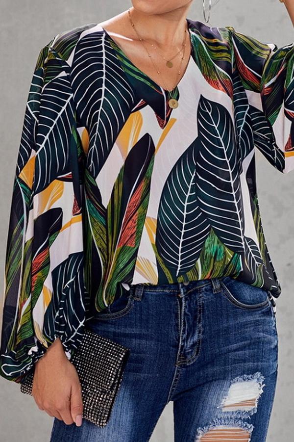 Loose Printed V-neck Lantern Sleeve Top