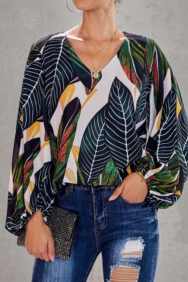 Loose Printed V-neck Lantern Sleeve Top