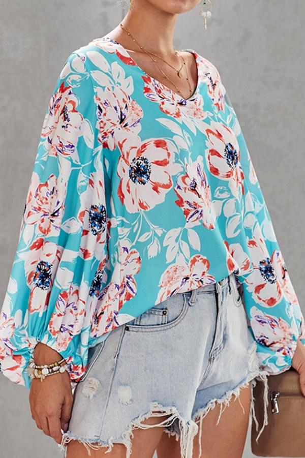 Loose Printed V-neck Lantern Sleeve Top
