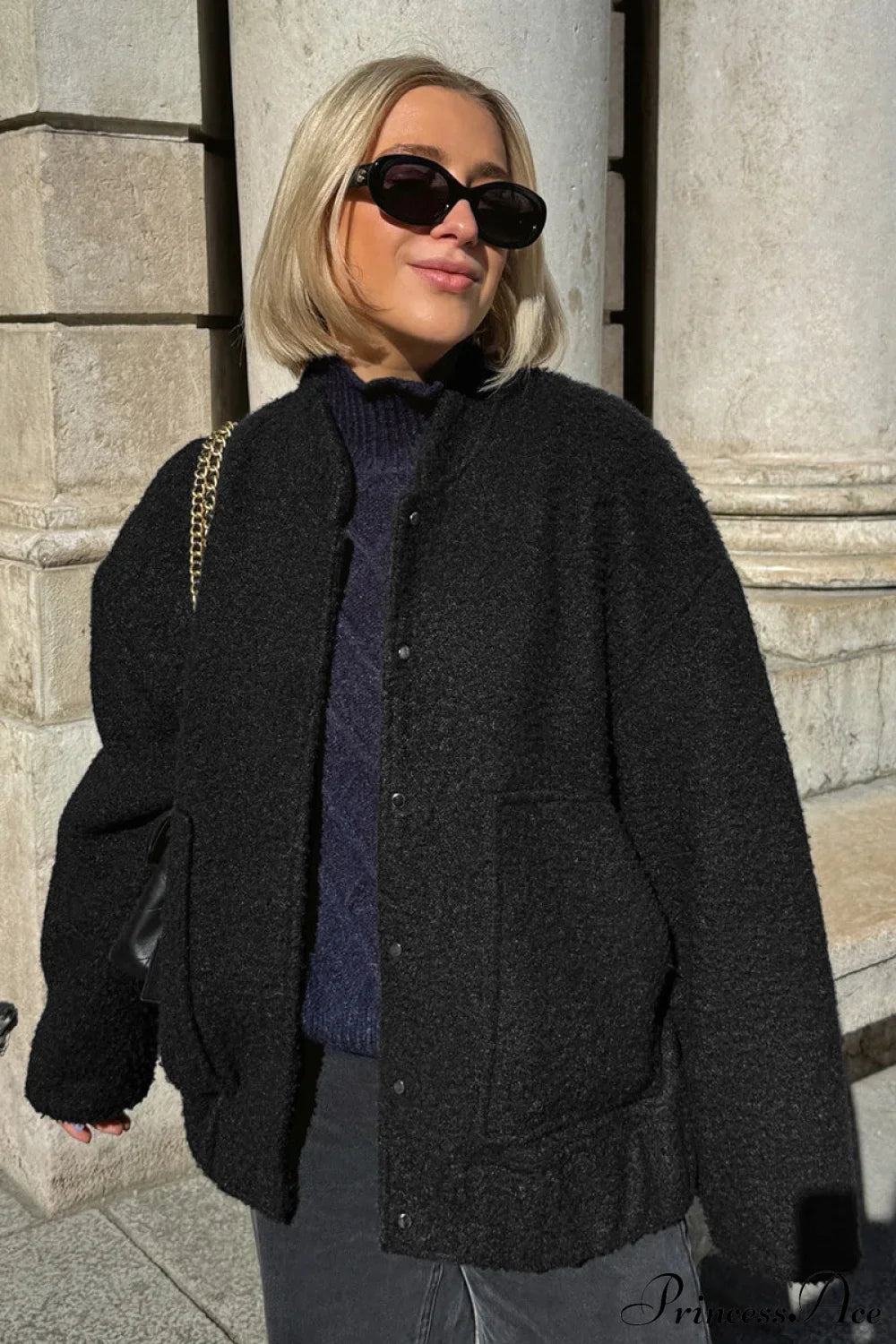 Textured Wool Casual Coat with Loose Stand Collar Design