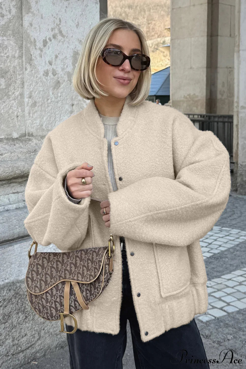 Loose Stand Collar Textured Wool Casual Coat Off-White / S