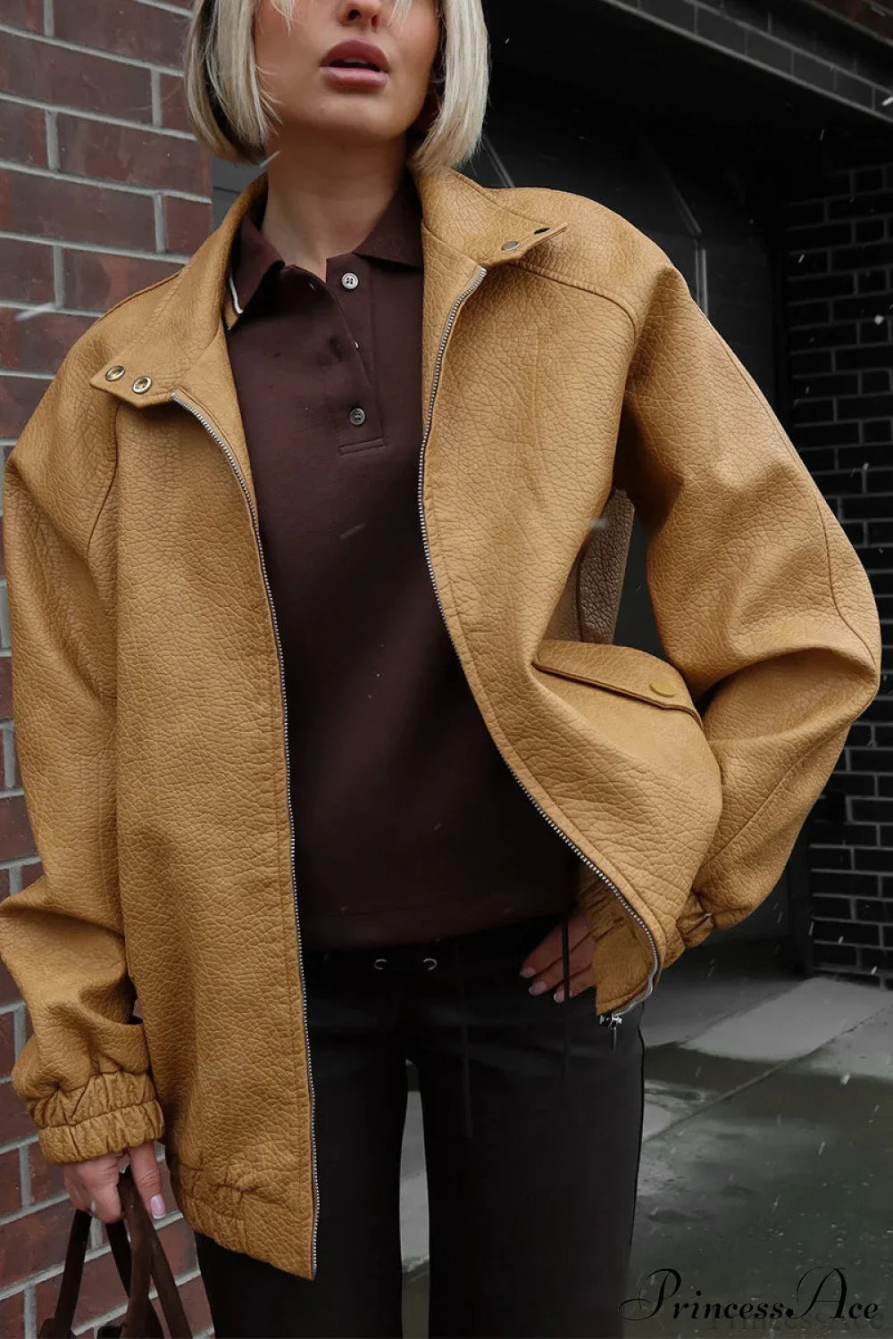 Textured PU Leather Coat with Loose Stand Collar and Zipper