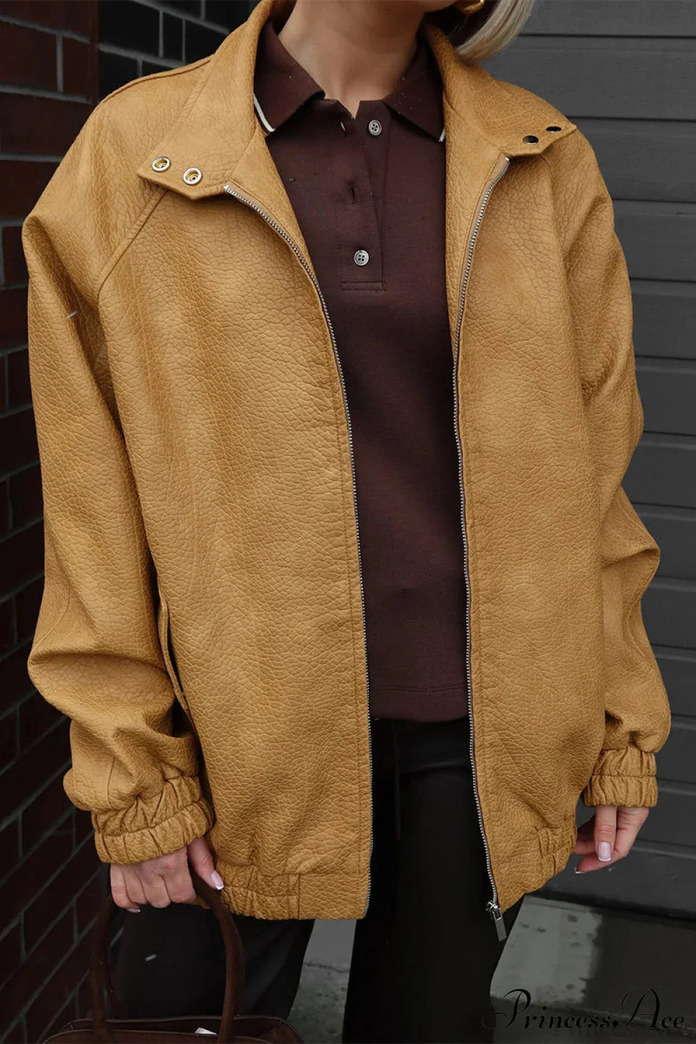 Textured PU Leather Coat with Loose Stand Collar and Zipper