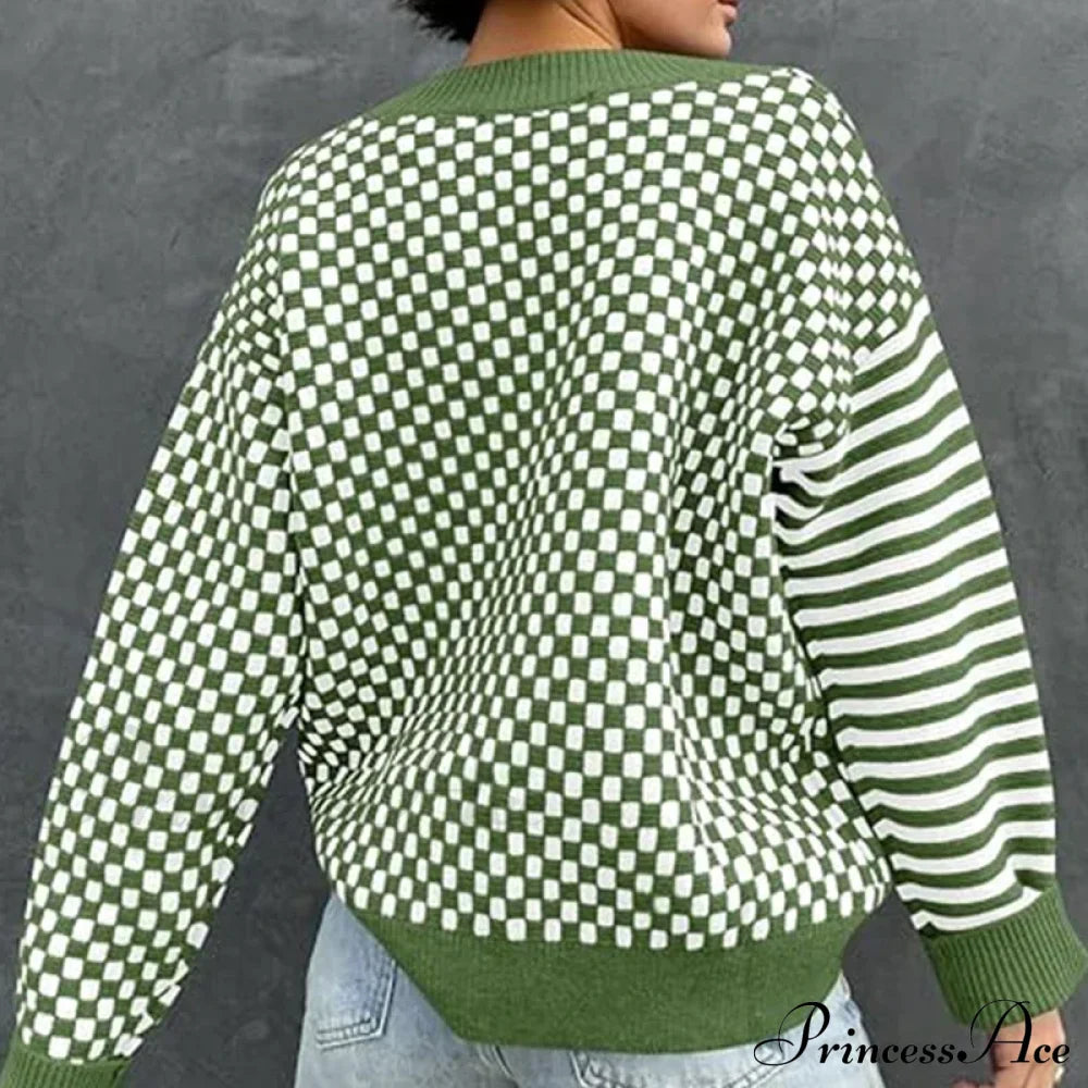 Loose Striped Plaid Casual Long Sleeve Cute Retro Chic Green Christmas Sweater