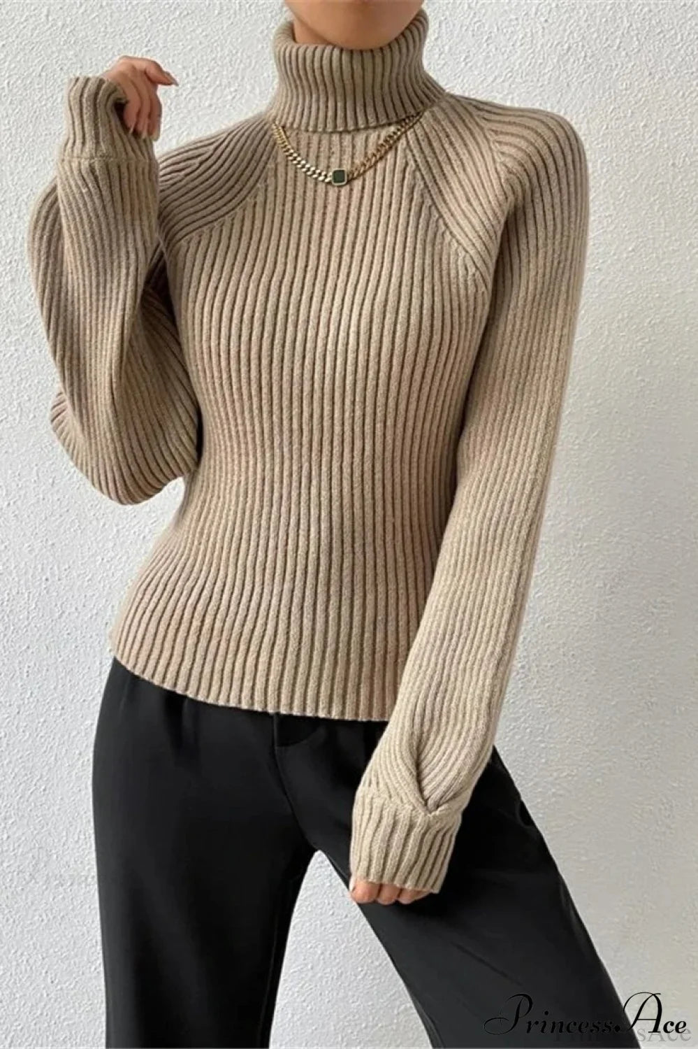 Loose Turtleneck Raglan Sleeve Sweater Khaki / S