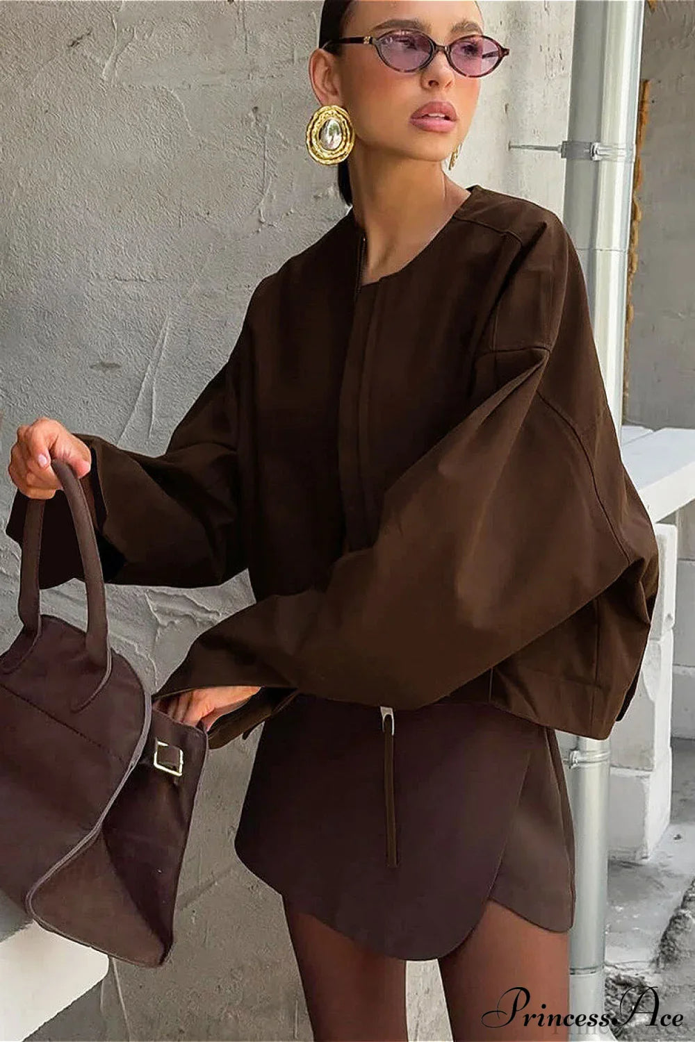 PrincessAce Loose Fit Long Sleeve Zip-Up Crewneck Coat