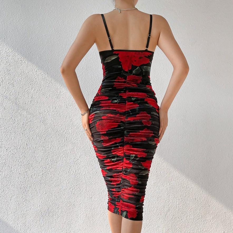 Floral Print Sweetheart Ruched Bodycon Midi Dress