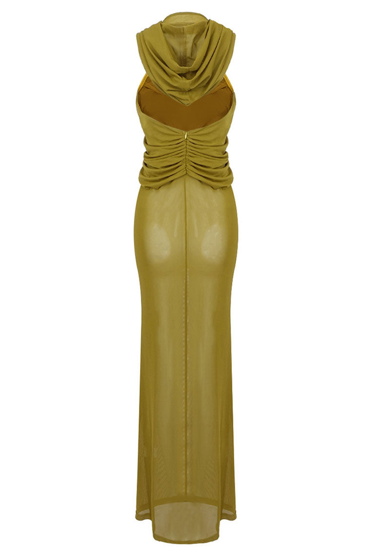 Lounge Draped Hooded Mesh Sheer Beach Vacation Maxi Dress - Grass Green - Fashionpara