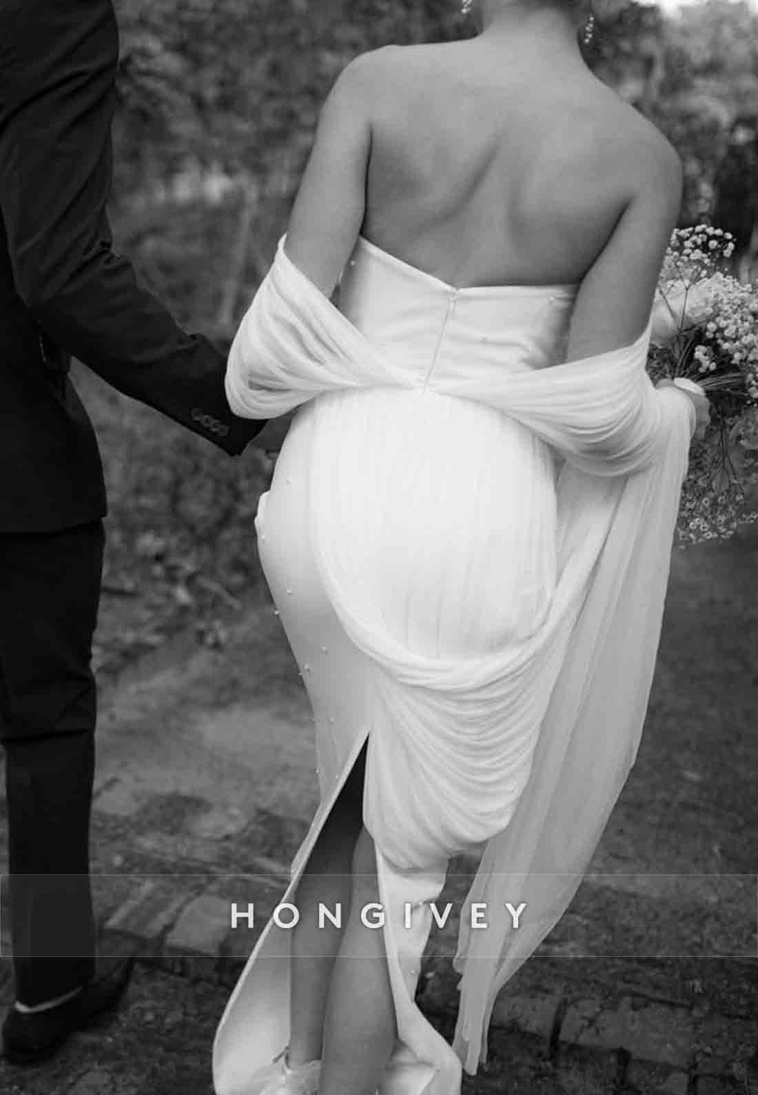 Pleated Low Back Off the Shoulder Floor-Length Beach Wedding Dresses