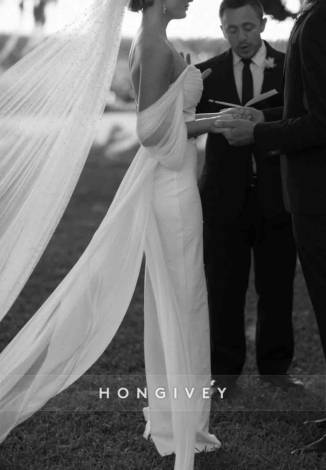 Pleated Low Back Off the Shoulder Floor-Length Beach Wedding Dresses