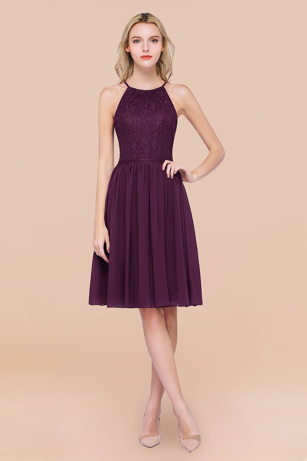 Lovely Burgundy Lace Short Bridesmaid Dresses With Spaghetti-Straps - Fashionpara