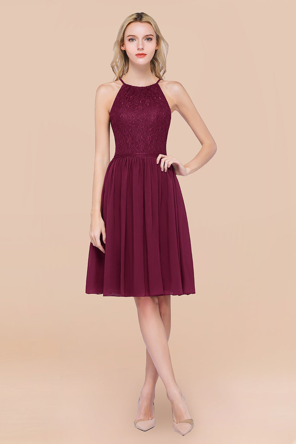 Lovely Burgundy Lace Short Bridesmaid Dresses With Spaghetti-Straps