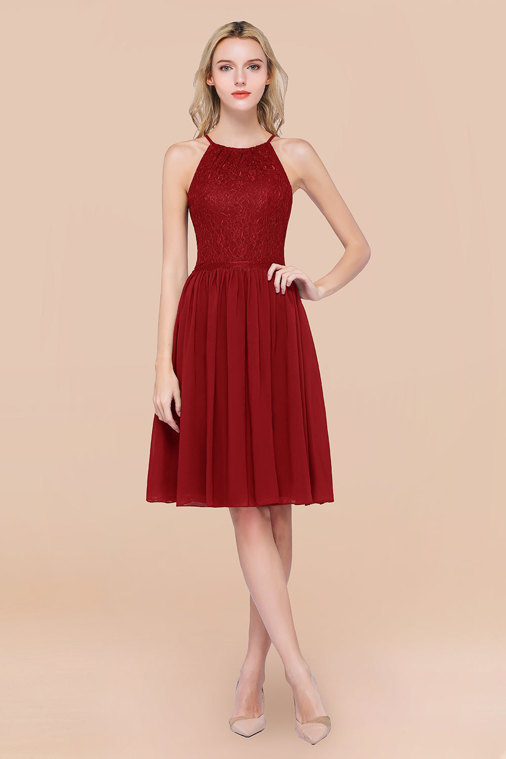 Lovely Burgundy Lace Short Bridesmaid Dresses With Spaghetti-Straps