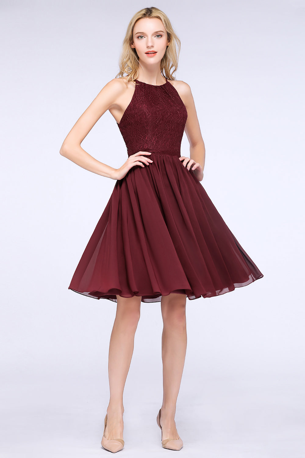 Lovely Burgundy Lace Short Bridesmaid Dresses With Spaghetti-Straps