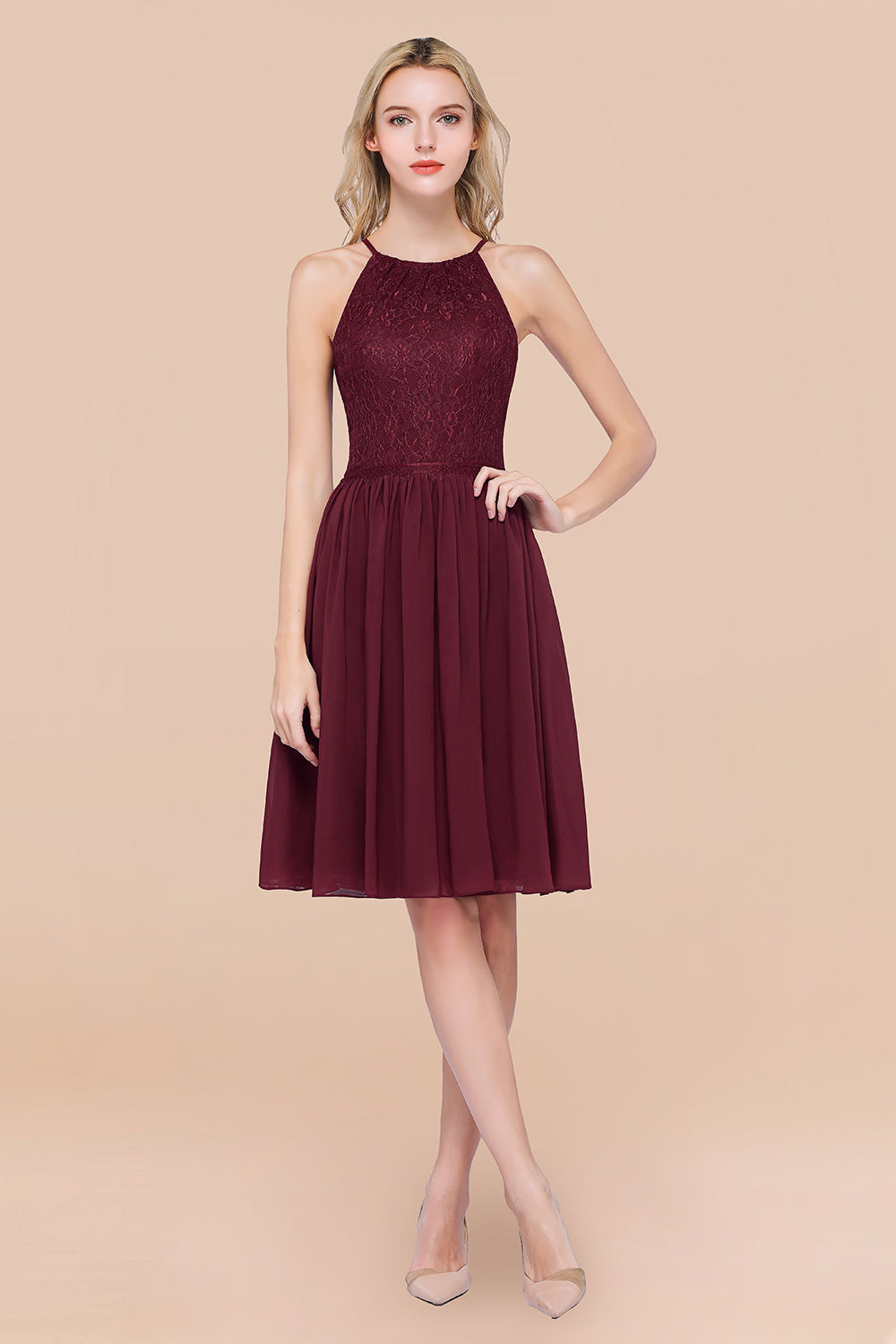 Lovely Burgundy Lace Short Bridesmaid Dresses With Spaghetti-Straps
