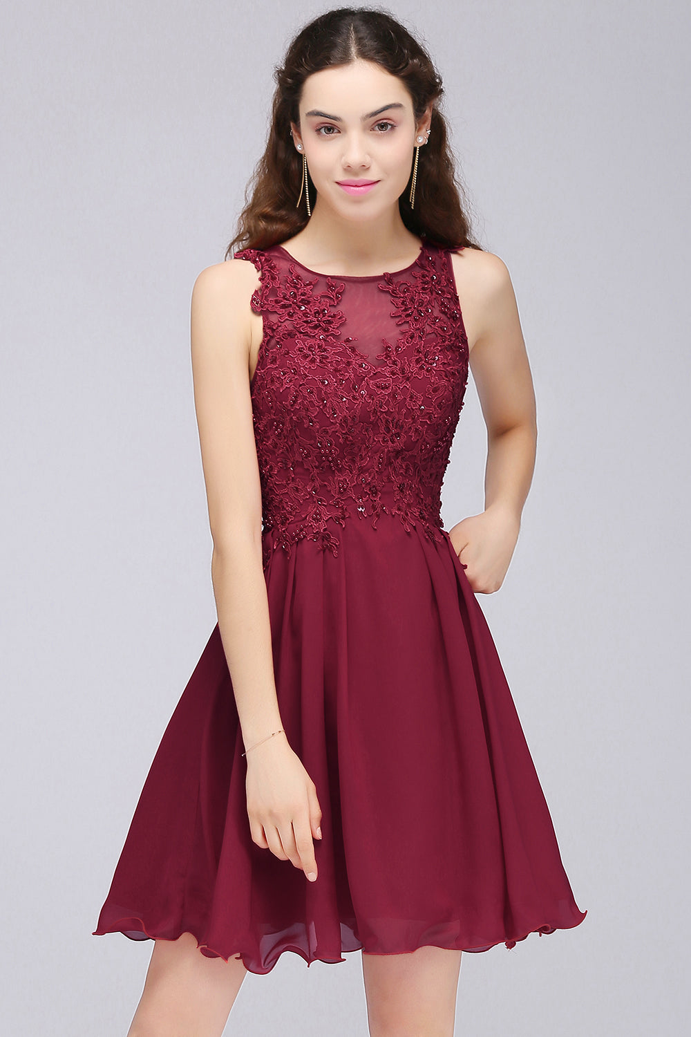 Lovely Lace Short Burgundy Bridesmaid Dresses with Appliques - Fashionpara