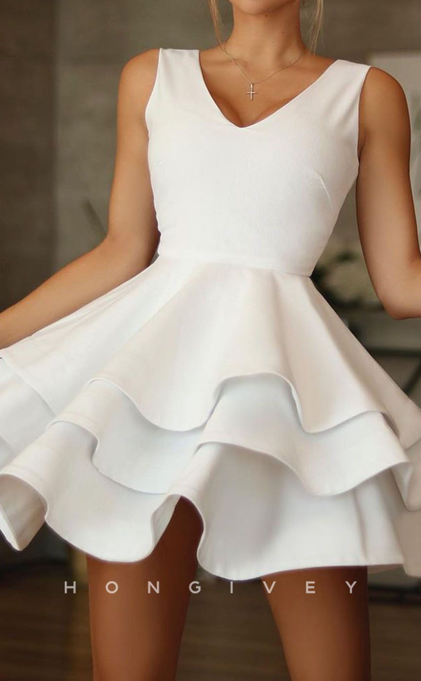 - Casual Satin A-Line V-Neck Tiered Party/Homecoming Dress