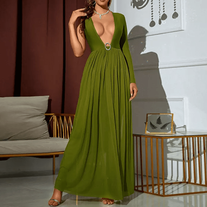 KittenAlarm - Lucy One Sleeve Deep V-Neck Rhinestone Ring Plunge Maxi Dress
