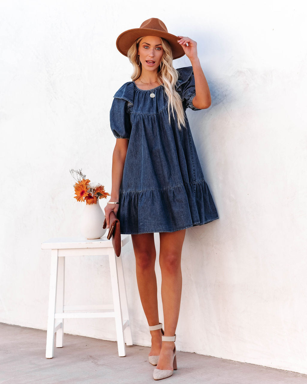 Denim Square Neck Puff Sleeve Tiered Shift Mini Dress