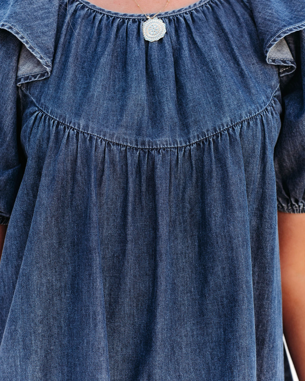 Denim Square Neck Puff Sleeve Tiered Shift Mini Dress 4