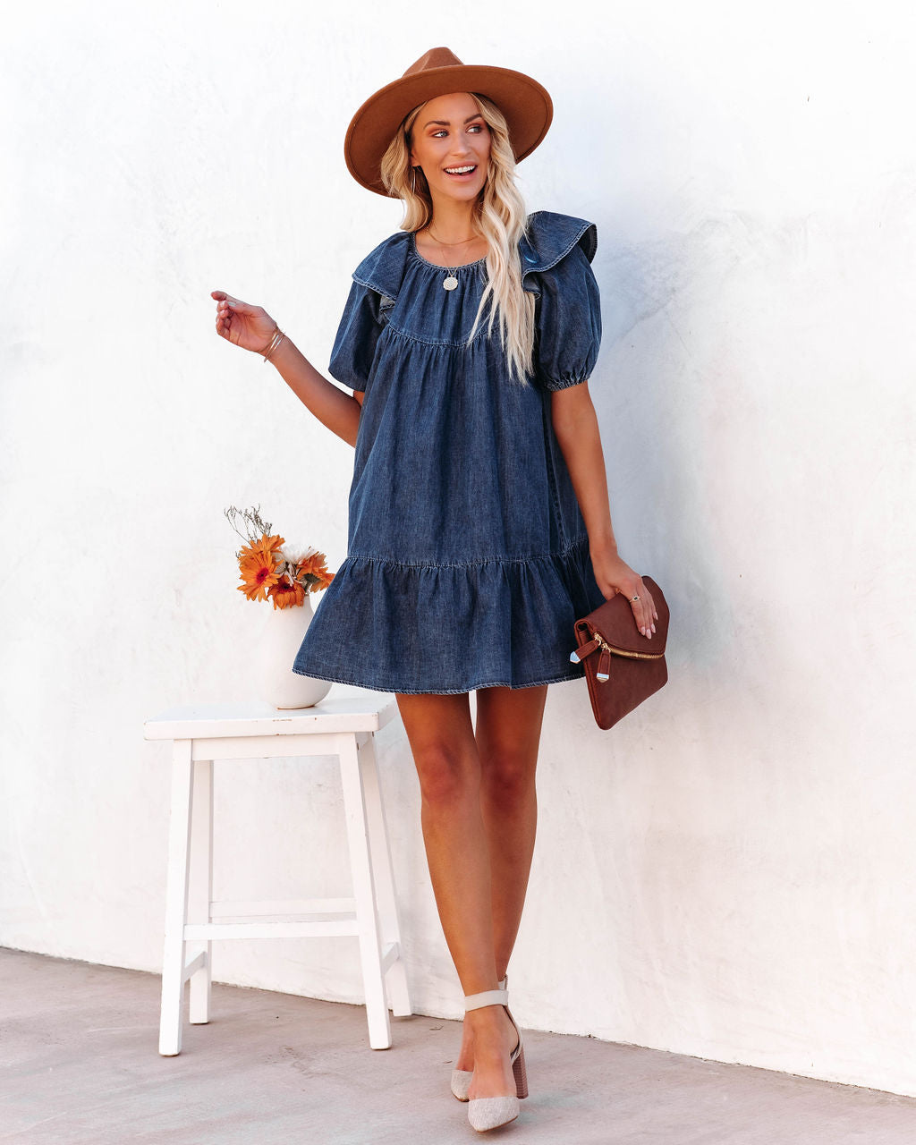 Denim Square Neck Puff Sleeve Tiered Shift Mini Dress 5