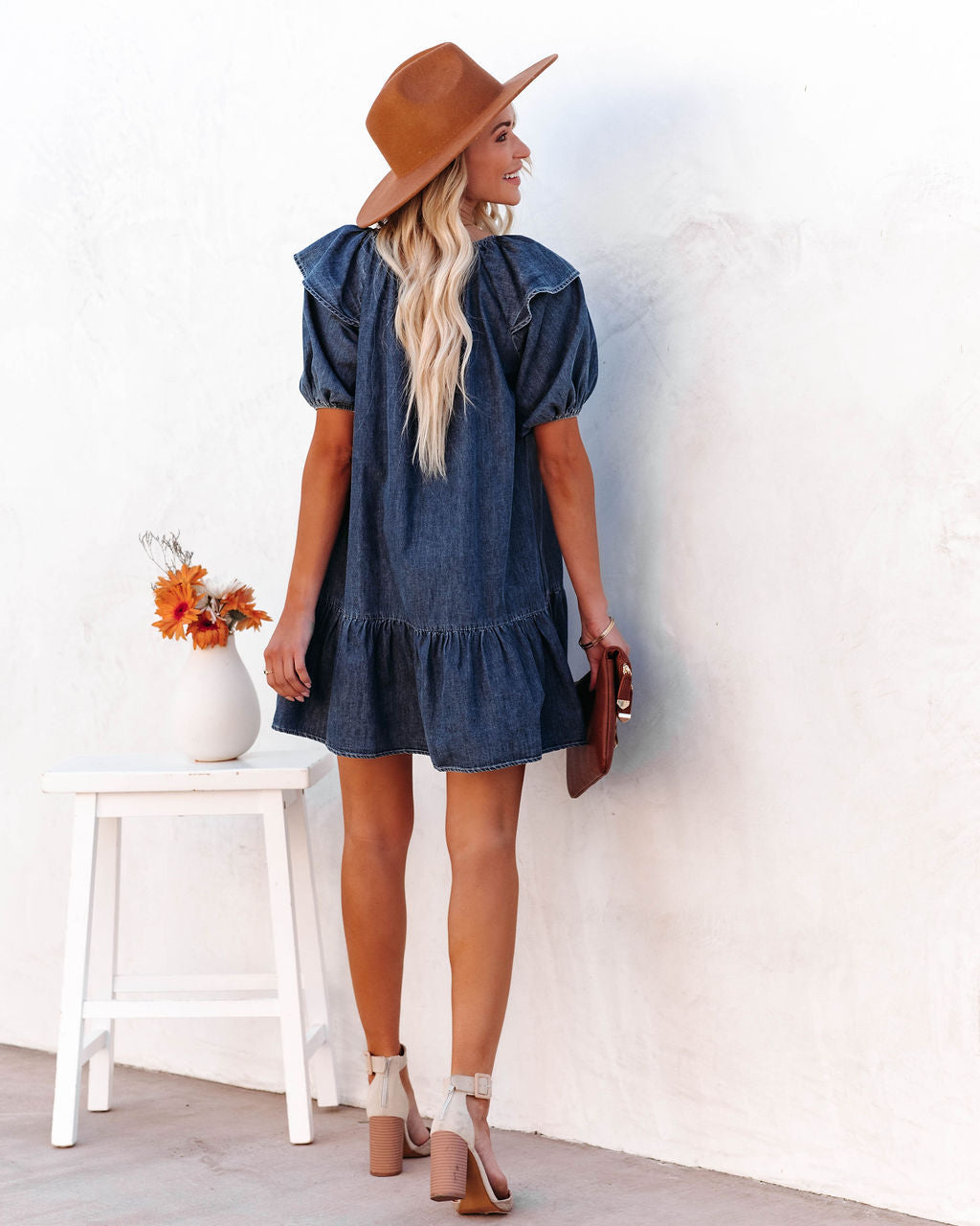 Denim Square Neck Puff Sleeve Tiered Shift Mini Dress 2