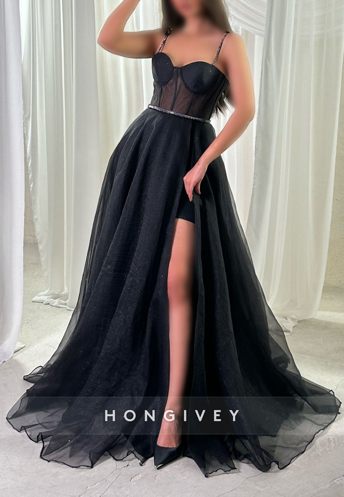 High Slit Sweep Train A-line Formal Dresses Sleeveless Regular Straps Tulle Evening Gown
