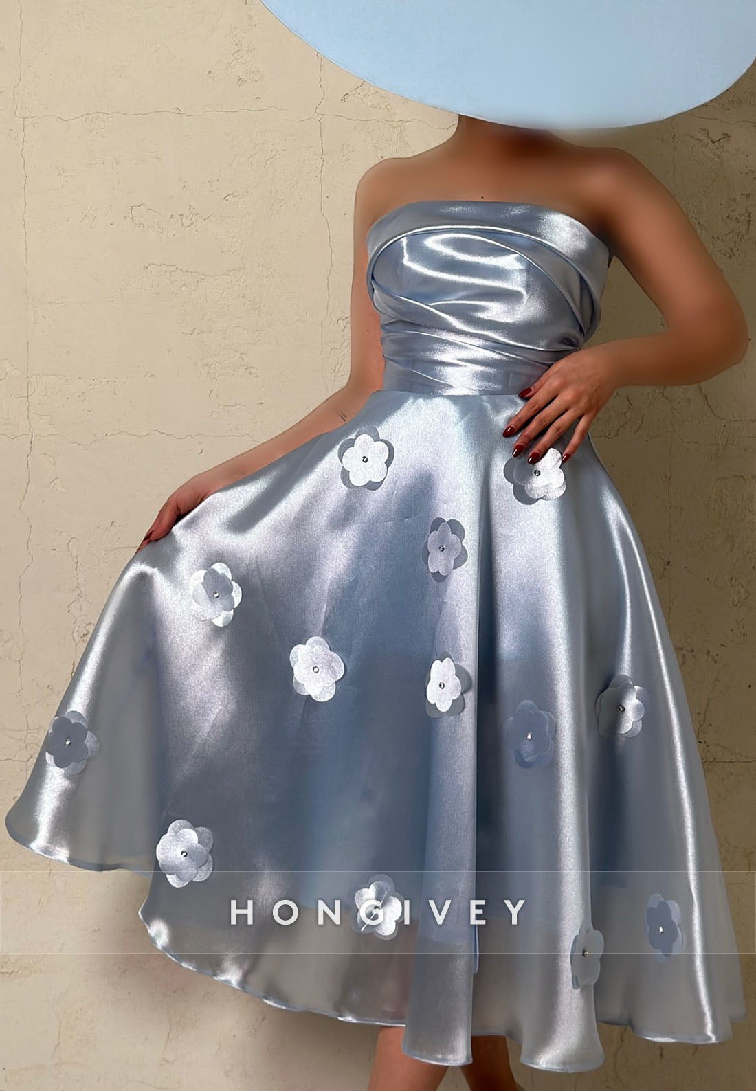 Tea-Length Princess Off the Shoulder Cocktail Dresses Satin Strapless Handmade Flowers Evening Gown