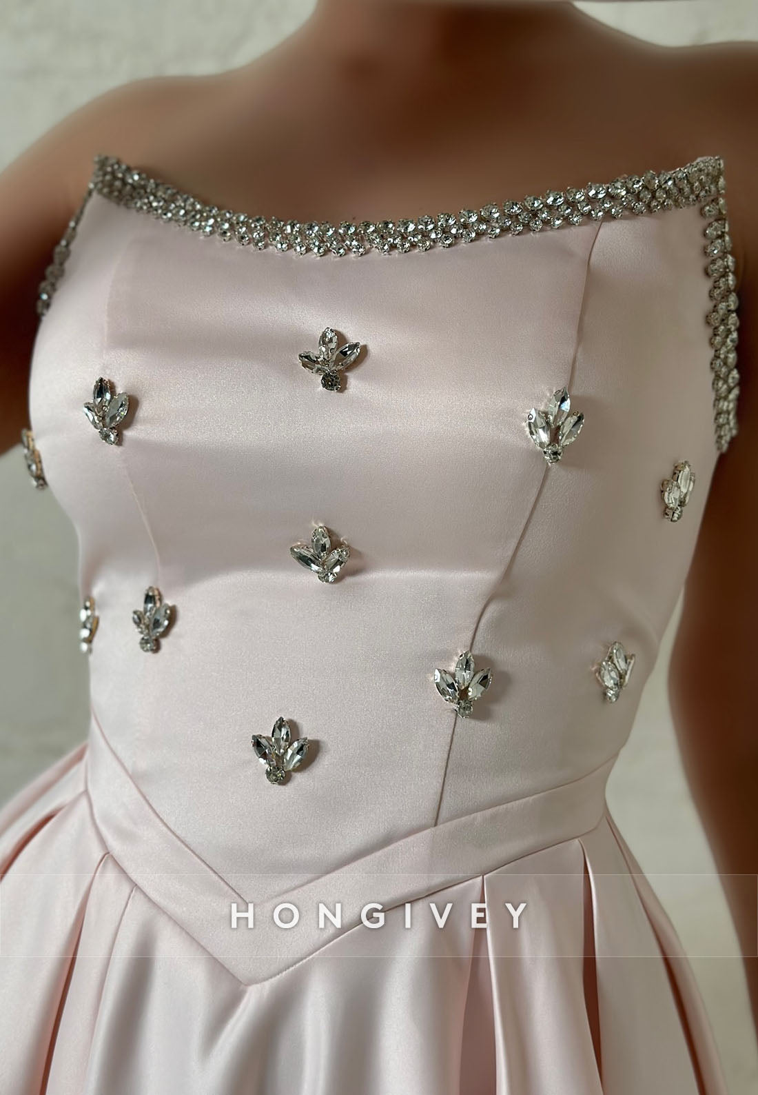 Side Slit Satin Rhinestone Formal Dresses Pleated Strapless A-line Evening Gown