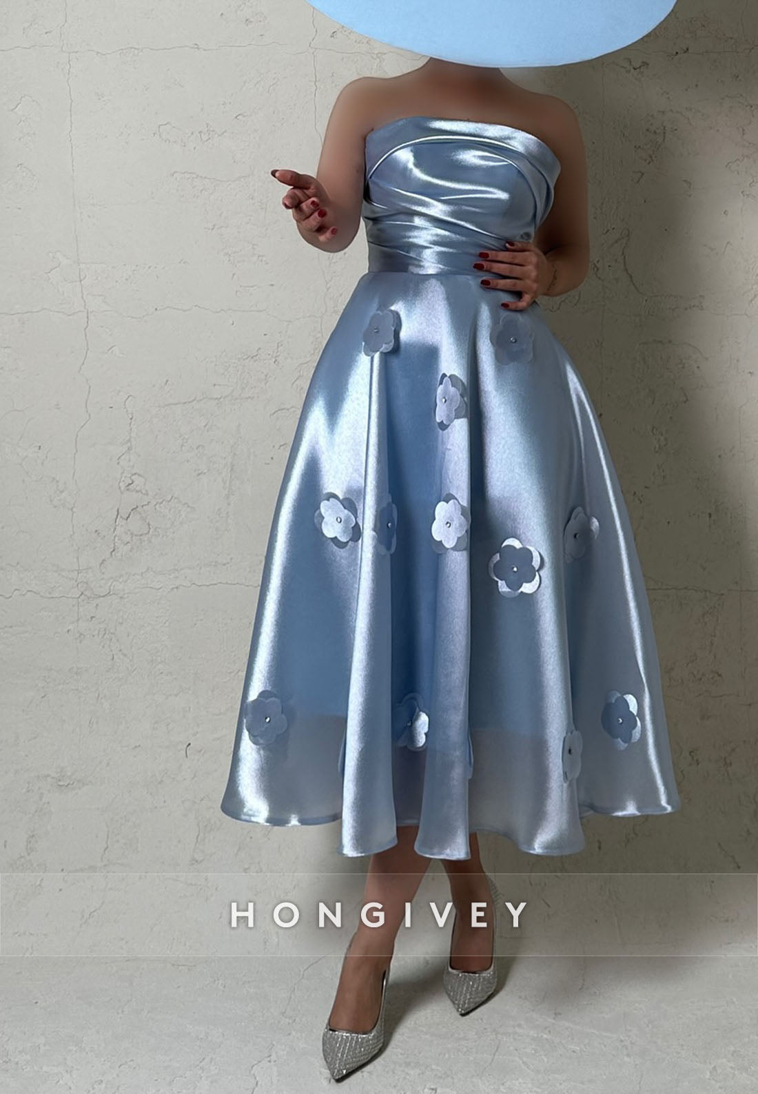 Tea-Length Princess Off the Shoulder Cocktail Dresses Satin Strapless Handmade Flowers Evening Gown