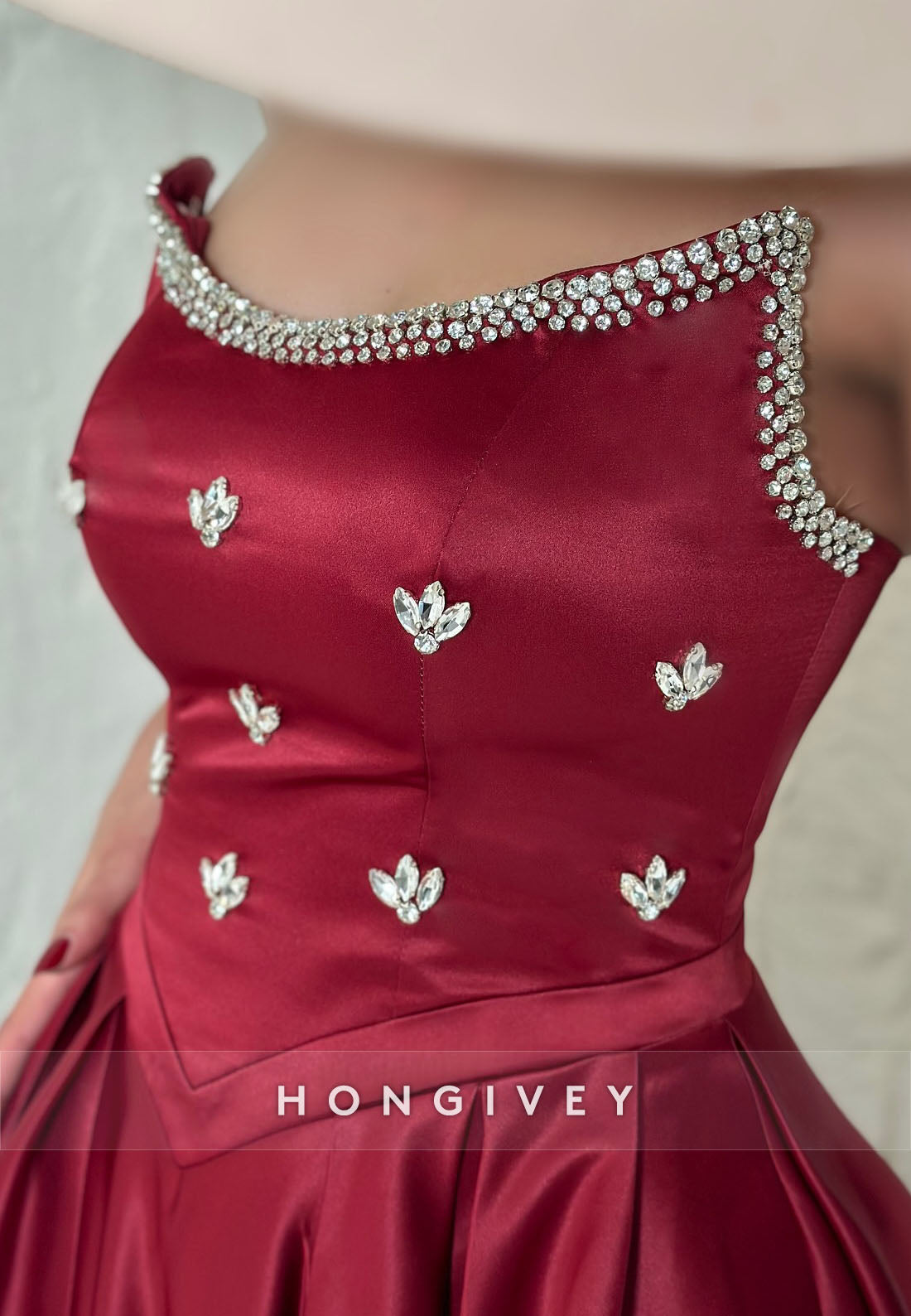 Side Slit Satin Rhinestone Formal Dresses Pleated Strapless A-line Evening Gown