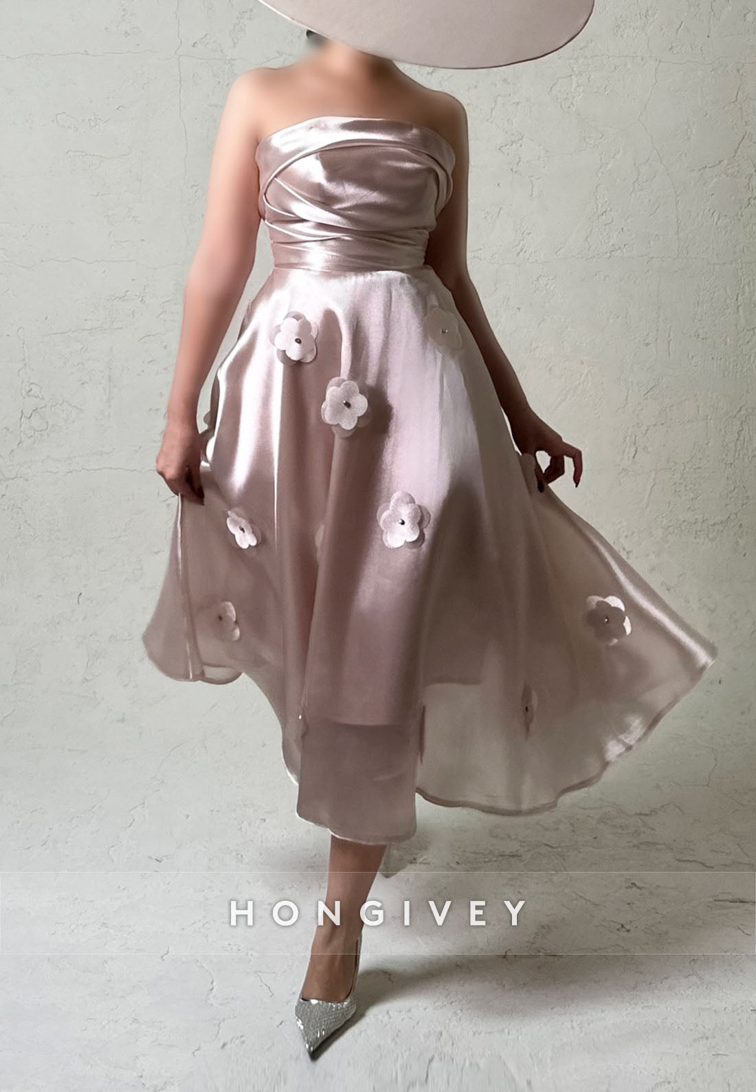 Tea-Length Princess Off the Shoulder Cocktail Dresses Satin Strapless Handmade Flowers Evening Gown