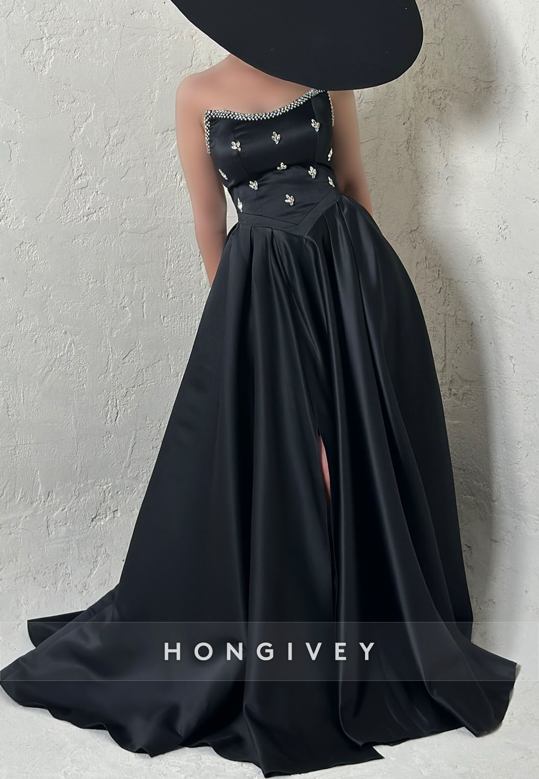 Side Slit Satin Rhinestone Formal Dresses Pleated Strapless A-line Evening Gown