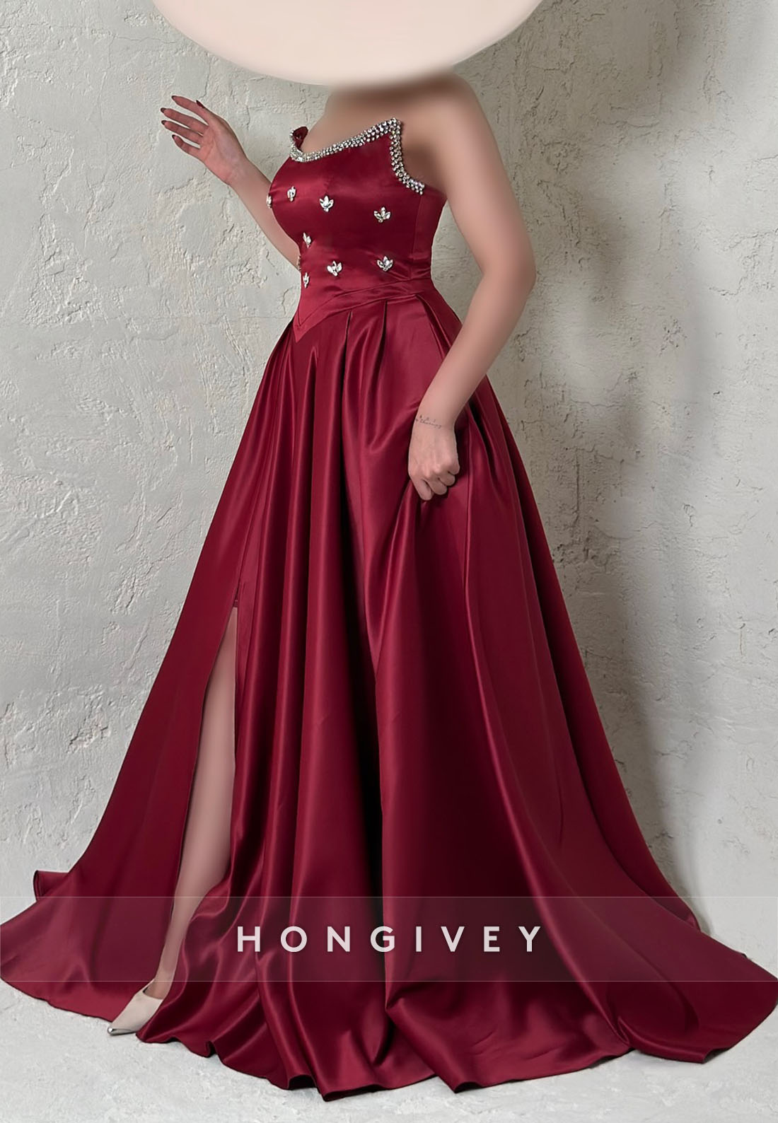 Side Slit Satin Rhinestone Formal Dresses Pleated Strapless A-line Evening Gown
