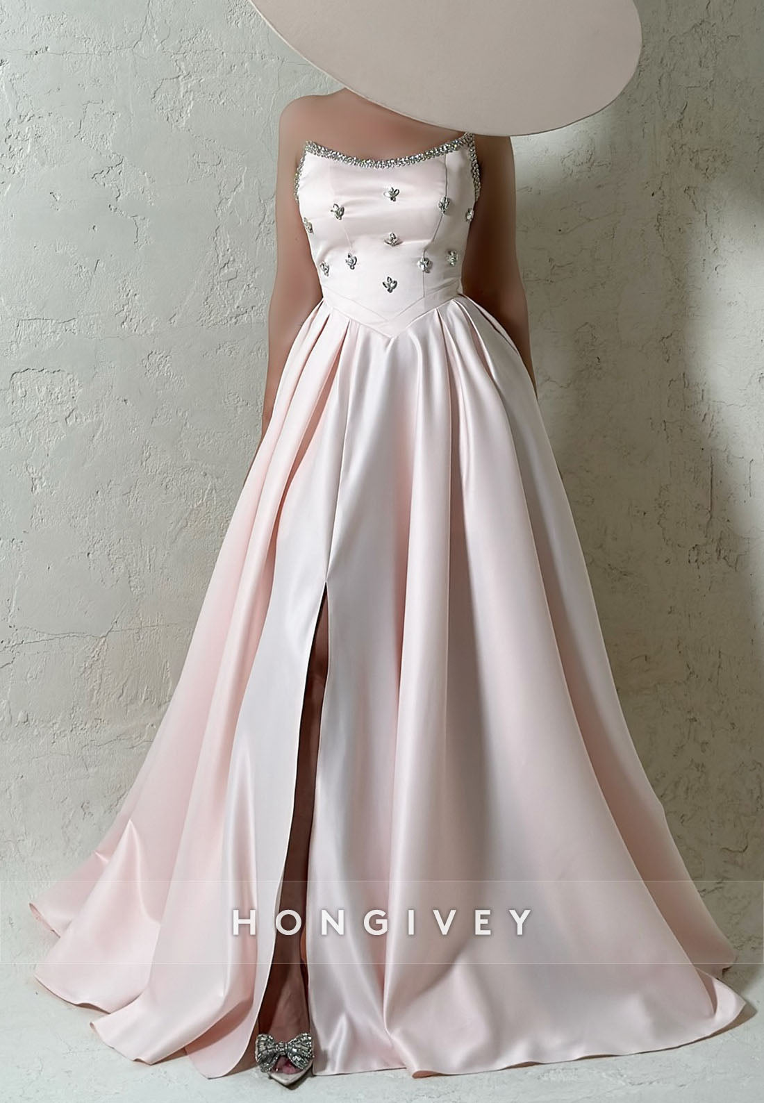 Side Slit Satin Rhinestone Formal Dresses Pleated Strapless A-line Evening Gown