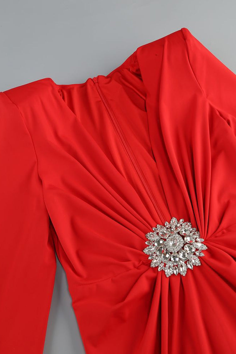 Luxurious Crystal Plunge Strong Shoulder Long Sleeve Evening Maxi Dress