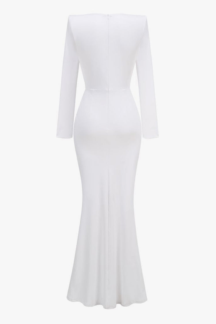 Luxurious Crystal Plunge Strong Shoulder Long Sleeve Evening Maxi Dress